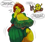 asinus big_breasts breasts cleavage clothed clothing crown donkey donkey_(shrek) dreamworks dress english_text equid equine erect_nipples female feral freckles green_body group hair headgear hi_res huge_breasts huge_hips huge_thighs humanoid lips male mammal motion_lines nipple_outline nipples ogre pinkkoffin presenting princess_fiona red_hair shrek_(character) shrek_(series) text thick_thighs tiara trio wide_hips