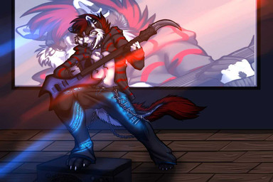 4_toes 5_fingers anthro barefoot biped black_body black_fur bottomwear chain claws clothed clothing ear_piercing electric_guitar feet fingers front_view fur guitar hair holding_musical_instrument holding_object inside jacket male musical_instrument pants partially_clothed piercing playing_guitar playing_music plucked_string_instrument solo step_pose string_instrument toes topwear white_body white_fur shapeshifterprincess canid canine canis mammal wolf 2014