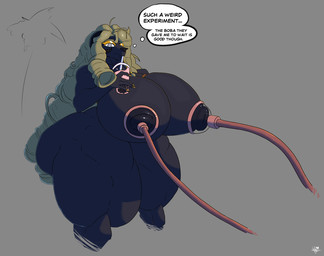 anthro belt beverage big_breasts big_butt big_hair big_nipples breasts bubble_tea butt curly_hair curved_horn dark_body dark_fur drinking female fur golden_nails grey_eyes hair horn huge_breasts huge_butt hyper hyper_breasts hyper_butt long_nails machine milking_machine muscular muscular_female muscular_thighs nipples solo text thick_thighs thought_bubble hd_waffle azebele_(hd_waffle) bovid caprine demon mammal sheep english_text hi_res