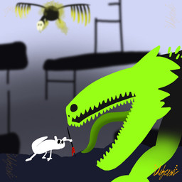 biped black_eyes duo eye_contact feral green_body long_tongue looking_at_another male melee_weapon open_mouth polearm quadruped solo spear tongue weapon white_body wings chefrens rain_world videocult accipitriform avian bird lizard reptile scalie slugcat vulture vulture_(rain_world) 1:1 hi_res