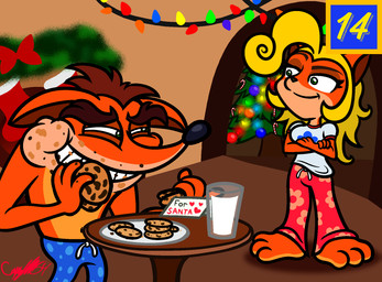 3_toes 5_fingers anthro barefoot baubles black_eyebrows black_nose blonde_hair blue_bottomwear blue_clothing blue_pajama_pants blue_pants bottomwear breasts brown_eyebrows brown_hair brown_inner_ear candy candy_cane christmas_decorations christmas_lights christmas_stocking christmas_tree closed_smile clothed clothed_anthro clothed_female clothed_male clothing container cookie crossed_arms dessert duo eating eating_cookie eating_food eye_contact eyebrows feet female female_anthro fingers food food_on_face fully_clothed fully_clothed_anthro fully_clothed_female fur furniture garland glass glass_container glass_of_milk green_eyes hair holding_cookie holding_food holding_object holidays inside light looking_at_another male male_anthro milk milk_container mouth_closed multicolored_body narrowed_eyes note orange_body orange_fur pajama_pants pants plant plate ponytail red_bottomwear red_clothing red_pajama_pants red_pants sheepish_grin shirt short_hair smile smiling_at_another smiling_at_each_other squint standing table tan_body tan_skin thick_eyebrows toes toothy_grin topless topless_anthro topless_male topwear tree wall_(structure) white_clothing white_shirt white_topwear captainquack64 activision christmas crash_bandicoot_(series) coco_bandicoot crash_bandicoot bandicoot barred_bandicoot mammal marsupial 2022 colored digital_drawing_(artwork) digital_media_(artwork) english_description hi_res lighting shaded signature simple_shading brother_(lore) brother_and_sister_(lore) sibling_(lore) sister_(lore)