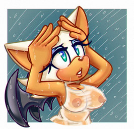 anthro areola bat_wings big_breasts black_wings blue_background blue_eyeshadow border breasts brown_areola brown_nipples cleavage clothed clothing eyeshadow female front_view fur green_eyes makeup membrane_(anatomy) membranous_wings nipples orange_body orange_fur raining simple_background solo topwear wet wet_clothing wet_topwear white_body white_border white_clothing white_fur white_topwear wings tsunderebolt sega sonic_the_hedgehog_(series) rouge_the_bat bat mammal