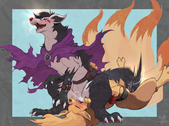 claws clothed clothed_female clothed_feral clothing eyes_closed feet female female/female female_feral feral feral_on_feral front_view fur genitals looking_pleasured lying on_back open_mouth tail teeth toes vulva tenebscuro nintendo pokemon ebony_(luwickios97) wisp_(luwickios97) generation_1_pokemon generation_3_pokemon mightyena ninetales pokemon_(species) 2026 digital_drawing_(artwork) digital_media_(artwork) hi_res