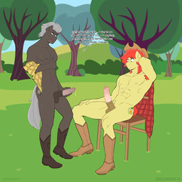 animal_genitalia animal_penis anthro armpit_hair balls bodily_fluids body_hair boots chair clothed clothing cowboy_boots cowboy_hat dialogue duo equine_genitalia equine_penis erection flannel_shirt footwear furniture genital_fluids genitals hat headgear headwear male male/male medial_ring muscular muscular_male open_clothing open_shirt open_topwear penis plant precum saliva shirt shoes sitting sweat sweatdrop text topwear tree shallowwin friendship_is_magic hasbro my_little_pony bright_mac_(mlp) burnt_oak_(mlp) earth_pony equid equine horse mammal pony 1:1 2022 english_text hi_res remake