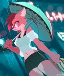 anthro bottomwear clothed clothing eyewear female fully_clothed fur glasses holding_object holding_umbrella looking_at_viewer midriff navel outside pink_body pink_fur raining shorts solo umbrella hydrabb 2022 absurd_res digital_media_(artwork) hi_res lineless signature