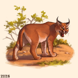 aggressive angry belly black_ears brown_tail_tip dipstick_tail dirt feral fur grass hissing markings orange_body orange_fur plant sharp_teeth solo tail tail_markings tan_body tan_fur teeth tree whisker_spots whiskers white_belly yellow_eyes alexpahomov caracal caracal_(genus) felid feline mammal 1:1 2026 digital_media_(artwork) digital_painting_(artwork) painting_(artwork)