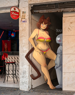 alley anthro arrow_sign big_breasts bikini blush breasts brown_hair cleavage clothed clothing duo female hair hand_on_hip male male/female meme_pose navel swimwear tail tall text two-piece_swimsuit zevulpes a_chance_encounter gameoverse glitch_productions kit_bodega domestic_cat felid feline felis human mammal absurd_res english_text hi_res meme