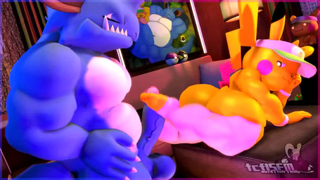 4_fingers 4_toes anthro balls blue_body bodily_fluids butt clothing cum cumshot duo ejaculation fangs feet fingers foot_fetish foot_play footjob genital_fluids genitals humanoid_genitalia humanoid_penis lamp looking_back looking_pleasured male male/male penis plushie pokeball sex teeth toes yellow_body tcflsfm nintendo nintendo_switch pokemon generation_1_pokemon nidoking pikachu pokemon_(species) shiny_pokemon 16:9 2025 3d_(artwork) 3d_animation animated digital_media_(artwork) high_framerate long_playtime no_sound source_filmmaker_(artwork) webm widescreen