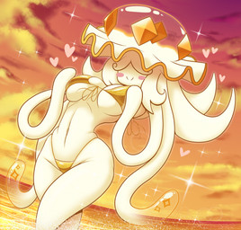 anthro anthrofied big_breasts bikini biped blush breasts closed_smile clothing cloud dusk female heart_symbol mouth_closed outside pokemorph pseudo_hair sky small_waist smile solo sparkles standing swimwear thick_thighs two-piece_swimsuit under_boob white_body wide_hips yellow_bikini yellow_clothing yellow_swimwear latiar golden_week nintendo pokemon harriett_(latiar) generation_7_pokemon humanoid nihilego pokemon_(species) ultra_beast 2025 hi_res