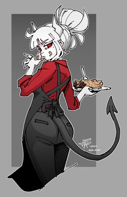 5_fingers apron bottomwear butt butt_pose clothing cutlery dirty female finger_fetish finger_lick finger_play fingers food fork grey_background hair hair_bun holding_object holding_plate horn kitchen_utensils licking looking_back markings mole_(marking) not_furry pancake pants plate pose red_eyes shirt simple_background solo spade_tail standing tail tongue tongue_out tools topwear white_body white_hair white_horn white_skin za1f0n helltaker lucifer_(helltaker) demon demon_humanoid humanoid 2020 hi_res signature