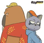 angry anthro clothing duo hat headgear headwear hoodie kemono male shirt simple_background text topwear white_background mugicaan1 odd_taxi hajime_tanaka_(odd_taxi) hiroshi_odokawa_(odd_taxi) cougar felid feline mammal marine pinniped walrus 2021 official_art