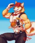 abs anthro biceps bottomwear clothing facial_hair fur hat headgear headwear heterochromia male muscular muscular_anthro muscular_male pants pecs solo byowt canid canine canis domestic_dog husky mammal nordic_sled_dog spitz 2019 digital_media_(artwork) hi_res