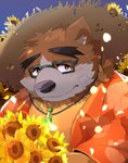 aloha_shirt anthro blush bouquet brown_body brown_fur clothing crystal eyebrows eyewear flower fur glasses hat headgear headwear jewelry looking_at_viewer male necklace pattern_clothing pattern_shirt pattern_topwear plant shirt solo straw_hat sunflower thick_eyebrows topwear boar_stag144 lifewonders tokyo_afterschool_summoners volos_(tas) bear mammal absurd_res hi_res