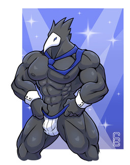 abs anthro biceps black_body black_feathers blue_eyes bulge clothing feathers jockstrap male mask mostly_nude muscular muscular_male necktie nipples obliques pecs pose quads solo sparkles triceps underwear solard0gg0 deltarune undertale_(series) avian darkner swatchling hi_res