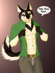 4_fingers abs anthro athletic athletic_anthro athletic_male brown_body brown_fur clothed clothing dialogue fingers fur gloves_(marking) greeting grin looking_at_viewer male markings open_clothing open_shirt open_topwear shirt smile solo speech_bubble talking_to_viewer text topwear gangstaguru jaron canid canine canis domestic_dog german_shepherd herding_dog husky hybrid mammal nordic_sled_dog pastoral_dog spitz 2015 digital_media_(artwork) english_text hi_res