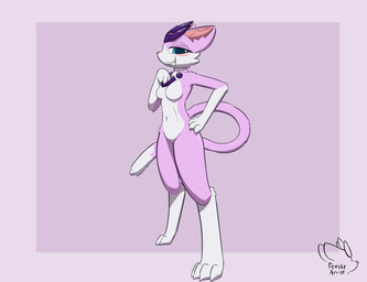 anthro blush breasts countershading digitigrade dipstick_tail female fur hand_on_hip markings navel pink_body pink_fur pose smug_grin solo tail tail_markings white_body white_countershading feeshyartist miu_(feeshyartist) felid feline mammal philikkahn 2026 pinup signature