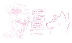 2_horns anthro bella_(bypbap) biped blush blush_lines bodily_fluids bovid bovine bowing bypbap canid canine canis cattle clothed clothing crying dress duo english_text female horn male mammal sorry speech_bubble sweatdrop_(iconography) tears text thought_bubble wolf