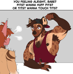 anthro areola armpit_fetish armpit_hair backwards_baseball_cap backwards_hat barbell_piercing baseball_cap beard biceps blush blushing_profusely body_hair chest_hair clothing deltoids duo ear_piercing ear_ring eyewear facial_hair facial_piercing flexing forearm_muscles glasses hat headgear headwear male muscular muscular_anthro muscular_male nipple_barbell nipple_piercing nipples nose_piercing pecs piercing ring_piercing shirt tank_top text topwear trapezius triceps ryanyeen boobs?_wanna_touch_boobs? ryan_santana vesper_(vesper_art) domestic_cat felid feline felis hyena mammal spotted_hyena english_text hi_res meme
