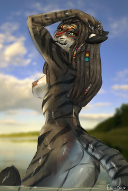 anthro areola black_body black_fur black_nose blurred_background breasts butt dreadlocks eyebrows eyelashes female fur looking_at_viewer looking_back multicolored_body multicolored_fur nipples nude partially_submerged rear_view smile solo striped_body stripes text two_tone_body two_tone_fur water whiskers white_body white_fur eleacat microsoft the_elder_scrolls talaji-daro felid khajiit mammal 2023 artist_name hi_res signature