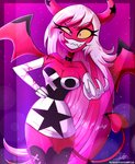 asymmetrical_horns breasts cleavage clothed clothing dress female gloves handwear horn looking_at_viewer not_furry solo tail tattoo teeth text tongue tongue_out wings the-butcher-x deviantart helluva_boss verosika_mayday demon demon_humanoid humanoid succubus tailed_humanoid 2021 hi_res signature url