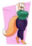 2018 anthro big_breasts biped breasts canid canine clothed clothing crossed_arms dipstick_tail female fox fur hair huge_breasts long_hair looking_at_viewer mammal markings mature_anthro mature_female multicolored_tail orange_body orange_fur othinus shaggythefox simple_background slightly_chubby smile tail tail_markings thegentlebro thick_tail thick_thighs tight_clothing valentine_(othinus) walking white_hair yellow_eyes
