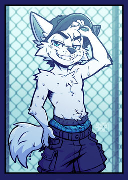 anthro blue_eyes bodily_fluids bottomwear boxers_(clothing) clothing eyebrows featureless_chest fur hat headgear headwear male paws sagging_pants shirtless shorts simple_background solo sweat sweatdrop tail text underwear visible_underwear white_body white_fur kyubbi-arts pent arctic_fox canid canine fox mammal true_fox artist_name hi_res
