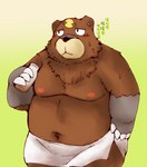 anthro belly blush brown_body brown_fur fur kemono male moobs navel nipples overweight overweight_male solo text towel snow_utamaru nintendo pokemon generation_8_pokemon pokemon_(species) ursaluna 2023 hi_res japanese_text