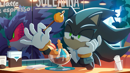 5_fingers altered_reflection anthro biped black_body black_fur black_nose bracelet cafeteria chair chest_tuft clothing day dessert fingers food fur furniture furniture_lamp gloves green_eyes half-closed_eyes hand_on_chin hand_on_face handwear holding_food holding_object ice_cream inside jewelry male mirror mirror_reflection mouthless napkin narrowed_eyes on_chair reflection sitting solo table text tuft upper_body white_clothing white_gloves white_handwear uno_yuuji sega sonic_channel sonic_the_hedgehog_(series) big_the_cat mephiles_the_dark domestic_cat eulipotyphlan felid feline felis hedgehog mammal shadow_creature 16:9 2025 cel_shading digital_drawing_(artwork) digital_media_(artwork) english_text lineless official_art shaded wallpaper widescreen