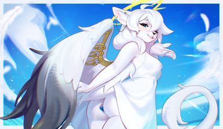 anthro barbell_piercing biped blue_eyes blush breasts butt buttplug claws clothed clothed_anthro clothed_female clothing cloud day dress ear_chain ear_piercing ear_ring feathered_wings feathers female fingers fur hair looking_at_viewer looking_back looking_back_at_viewer low-angle_view nipple_barbell nipple_piercing nipples outside piercing plug_(sex_toy) ring_piercing sex_toy sky smile solo tail teeth white_body white_clothing white_dress white_fur white_hair wings hackainax heartwood domestic_cat felid feline felis mammal 2026 colored digital_drawing_(artwork) digital_media_(artwork) hi_res shaded
