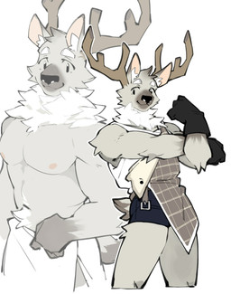 anthro apron bottomwear clothing fur gloves grey_body grey_fur handwear horn male pubes shirt shorts simple_background solo tank_top topwear towel white_body white_fur shoko_contane deer mammal new_world_deer reindeer absurd_res hi_res