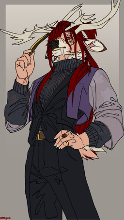 2_horns 5_fingers anthro antlers belt biped black_bottomwear black_clothing black_nose black_pants black_topwear blue_eyes bottomwear buckle claws clothed clothed_anthro clothing fangs fingers freckles fully_clothed fur grey_background grey_clothing hair hand_on_hip holding_object horn humanoid_hands jacket jewelry long_hair looking_at_viewer male neck_tuft pants purple_clothing purple_topwear red_eyes red_hair ring ring_(jewelry) sabertooth_(anatomy) shirt short_tail simple_background solo standing sweater tail tan_body tan_fur teeth text topwear translucent translucent_clothing tuft turtleneck white_body white_fur white_horn milajanh deer mammal 2026 absurd_res artist_name digital_media_(artwork) hi_res portrait three-quarter_portrait