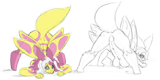 antennae_(anatomy) anthro ass_up black_eyes breasts female fur hair jack-o'_pose mismatched_sexual_dimorphism nude pose purple_body purple_fur purple_hair simple_background solo white_hair wings yellow_body yellow_fur startgenk9 sugar_mirey arthropod insect lepidopteran mammal moth rosy_maple_moth 2:1 hi_res sketch