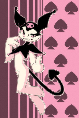 anthro clothing female fur gesture hand_gesture hat headgear headwear jester middle_finger null pie_cut_eyes solo spade_tail spades_(suit) suit_symbol tail teeth white_body white_fur whygena onegai_my_melody sanrio kuromi demon lagomorph leporid mammal rabbit 2:3 cel_shading hi_res shaded