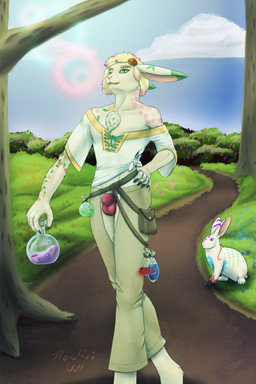 accessory alchemist anthro belt blonde_hair bottle bottomwear bulge chaps chest_tuft claws clothing cloud container femboy feral flower flower_in_hair forest fur grass green_eyes hair hair_accessory hand_on_hip laces liquid looking_at_viewer male open_mouth outside pants pink_hair plant potion pouch_(clothing) road sassy shirt smile solo straps sun_glare tattoo teeth topwear trail tree tuft underwear white_body white_fur howlfeiwolf hare lagomorph leporid mammal rabbit 2:3 absurd_res digital_media_(artwork) hi_res