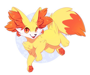 ambiguous_gender black_nose cheek_tuft chest_tuft facial_tuft feral fur inner_ear_fluff looking_at_viewer open_mouth open_smile pawpads red_eyes red_inner_ear_fluff red_pawpads red_tail side_view simple_background smile solo tail tuft white_body white_fur yellow_body yellow_fur yellow_tail bloominglynx nintendo pokemon fennekin generation_6_pokemon pokemon_(species)