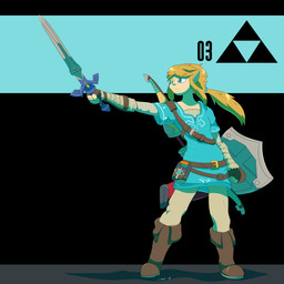 belt boots bottomwear bow_(weapon) clothing footwear gloves hair handwear holding_melee_weapon holding_object holding_sword holding_weapon master_sword melee_weapon not_furry pants ponytail ranged_weapon sheikah_slate shield shirt shoes solo sword tablet_computer topwear tunic weapon mac-daddy breath_of_the_wild nintendo super_smash_bros. the_legend_of_zelda link humanoid hylian mammal 1:1 absurd_res digital_media_(artwork) hi_res