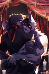 anthro bedding blanket blood bodily_fluids candle curtains duo leash looking_at_viewer male male/male muscular muscular_male ring seductive delax_(artist) tianhehui bai_yu_(tianhehui) tex_(tianhehui) canid canine canis hybrid mammal wolf wolfdog absurd_res hi_res