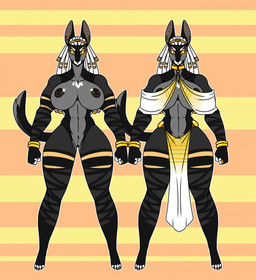 abs anthro biceps big_breasts biped black_nipples breasts clothing dreadlocks egyptian female genitals huge_breasts looking_at_viewer muscular muscular_anthro muscular_female nipple_piercing nipples nude off/on piercing solo thick_thighs vulva wide_hips demonnyuu anubian_jackal canid canine canis jackal mammal hi_res model_sheet
