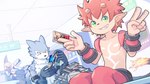 anthro blush card card_game claws duo fur gaming green_eyes grey_body grey_fur grin group hair male red_hair smile hierotubas bandai_namco digimon achillesmon bearmon digimon_(species) flamemon strabimon 16:9 widescreen