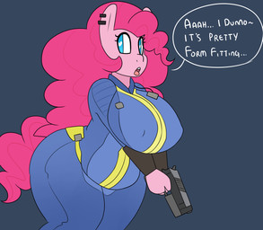 anthro anthrofied big_breasts breasts erect_nipples female gun huge_breasts nipple_outline nipples ranged_weapon solo text weapon somescrub fallout friendship_is_magic hasbro microsoft my_little_pony hugtastic_pinkie_pie pinkie_pie_(mlp) earth_pony equid equine horse mammal pony 2015 absurd_res english_text hi_res