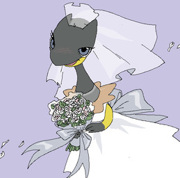 anthro blue_eyes blush bouquet bride clothing dress female flower flower_bouquet gloves_(marking) markings plant semi-anthro simple_background smile solo wedding_dress wedding_veil unknown_artist nintendo pokemon generation_6_pokemon heliolisk pokemon_(species) aliasing digital_media_(artwork)