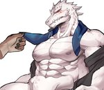 abs anthro biceps blue_scarf blush clothing coat disembodied_hand duo fangs male muscular muscular_male nipples pecs red_eyes scales scarf spikes teeth topwear undressing white_body white_scales chung0_0 arknights hypergryph studio_montagne rangers_(arknights) scalie hi_res