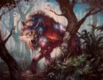 ambiguous_gender detailed_background feral forest looking_at_viewer nature outside plant snarling solo stalking star teeth tree tusks lucas_graciano hasbro magic:_the_gathering wizards_of_the_coast canid canine canis mammal wolf hi_res official_art