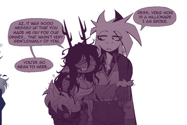 anthro arm_around_shoulders breasts cigarette dialogue duo female male simple_background speech_bubble text white_background xexeezy deltarune undertale undertale_(series) asriel_dreemurr dess_holiday bovid caprine deer goat mammal