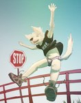 anthro clothing fangs footwear fur jumping male navel orange_eyes shirt shoes solo stop_sign teeth topwear underwear white_body white_fur young young_anthro dakkawoof akkad_(dakkawoof) canid canine canis mammal wolf 2024 absurd_res hi_res