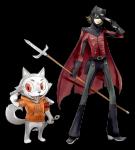 anthro anthrofied black_nose bottomless chibi clothed clothing costume duo evoker gloves handwear male mask melee_weapon polearm red_eyes spear tongue tongue_out weapon cylent_nite atlus megami_tensei megami_tensei_persona persona_(series) persona_3 sega ken_amada koromaru canid canine canis domestic_dog human mammal shiba_inu spitz alpha_channel