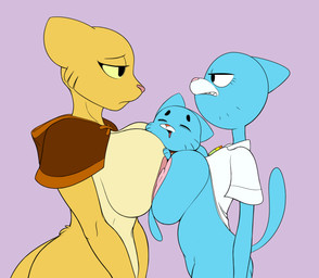 age_difference angry anthro areola big_breasts breast_size_difference breast_squish breasts breasts_frottage clothed clothing clothing_lift dark_areola eyes_closed female fighting_over_boy group growling happy huge_breasts intimidation larger_female looking_pleasured male male/female mature_anthro mature_female nipples nude older_female sharp_teeth shirt shirt_lift shota size_difference smaller_male smile squish teeth timid topwear young young_anthro younger_male zokva cartoon_network microsoft prequel_adventure the_amazing_world_of_gumball the_elder_scrolls gumball_watterson katia_managan nicole_watterson domestic_cat felid feline felis khajiit mammal hi_res incest_(lore) mother_(lore) mother_and_child_(lore) mother_and_son_(lore) parent_(lore) parent_and_child_(lore) parent_and_son_(lore) son_(lore)