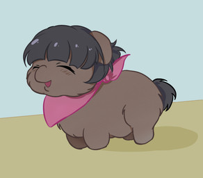 ambiguous_feral ambiguous_gender black_hair black_tail blush brown_body brown_fur eyes_closed feral fur hair happy kerchief neckerchief neckwear open_mouth pink_kerchief pink_neckerchief side_view simple_background smile solo tail young young_ambiguous young_feral alice_621 fluffy_pony fluffy_pony_(species) mammal 2026 digital_media_(artwork) hi_res shaded