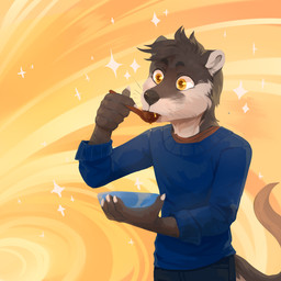 abstract_background anthro blue_bottomwear blue_clothing blue_pants blue_topwear bottomwear bowl brown_body brown_fur brown_hair clothed clothing container cutlery eating food fur glistening glistening_eyes hair holding_bowl holding_container holding_object holding_spoon kitchen_utensils male orange_eyes pants short_hair solo soup spoon tan_body tan_fur tools topwear whiskers corzh77 owen_(seshiroth) mammal mustelid otter 1:1