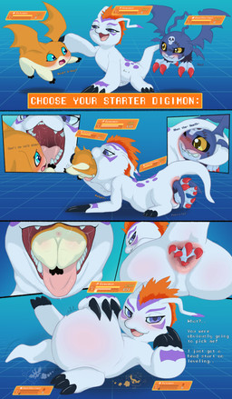 abdominal_bulge ambiguous_gender anal anal_penetration anal_vore anthro anus belly belly_blush big_belly blue_eyes blush blushing_profusely bodily_fluids body_blush butt butt_blush claws digestion digestion_implied experience_bar experience_drain experience_points experience_up face_lick facial_markings fangs feral fur gameplay_mechanics group gui hair half-closed_eyes hand_on_belly hand_on_butt head_first head_in_ass head_markings head_wings health_bar level_up licking looking_at_another looking_at_viewer looking_back lying markings mask membrane_(anatomy) membranous_wings mouth_shot muffled_speech name_tag narrowed_eyes on_back open_mouth oral_vore orange_body orange_eyes orange_hair panicking partially_inside penetration purple_eyes purple_markings quadruped saliva saliva_string seductive selection_menu simple_background size_difference skull_symbol smile smug smug_face smug_grin status_effect swallowing tail tail_grab teeth text tongue trio unusual_wing_placement vore white_body wings elechtronshock bandai_namco digimon digimon_story:_time_stranger demidevimon demon digimon_(species) gomamon mammal marine patamon absurd_res comic digital_media_(artwork) english_text hi_res